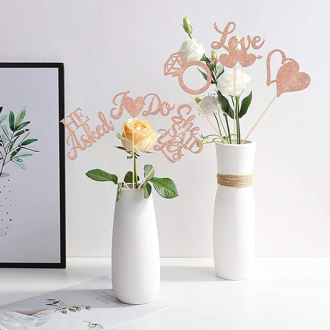 12 Pack He Asked She Said Yes Centerpiece Sticks Love Heart I do Ring Table Centerpiece Sticks for Wedding Engagement Bridal Theme Party Supplies Gold (rose gold)