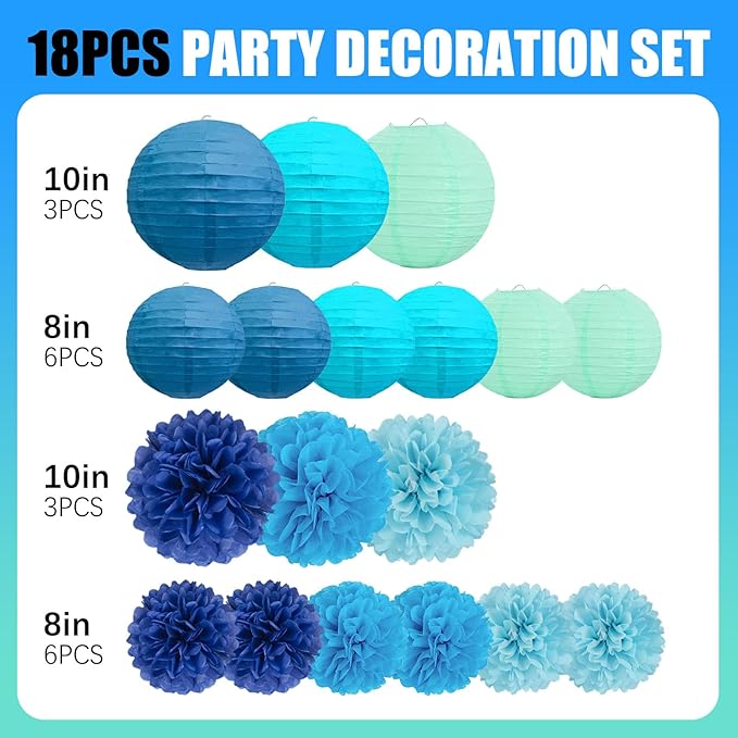 18 PCS Blue Paper Lanterns & Tissue Paper Pom Poms for Boys Birthday, Baby Shower, Wedding, Bridal Shower, Hanging Paper Decor for Indoor Outdoor Events Theme Party Supplies