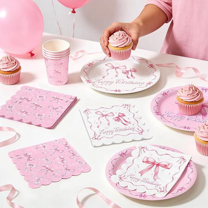 Pink Bow Happy Birthday Decorations Set for 16: Bachelorette Party Supplies Kit with Dinner & Dessert Plates and Napkins - for Women's Tea Birthday Party Decorations