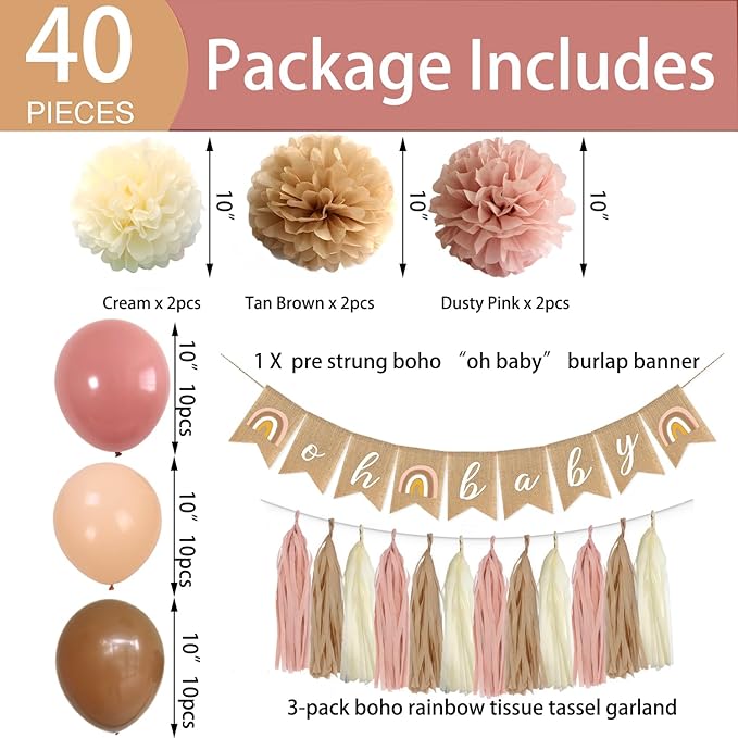 Boho Pink Brown Baby Shower Party Decorations Set - 40-Pack Mauve Blush Pink Tissue Pom Poms Paper Flowers Balloons Tassel Garland Banner Streamers for Baby Shower Backdrop Girl Birthday Nursery Decor