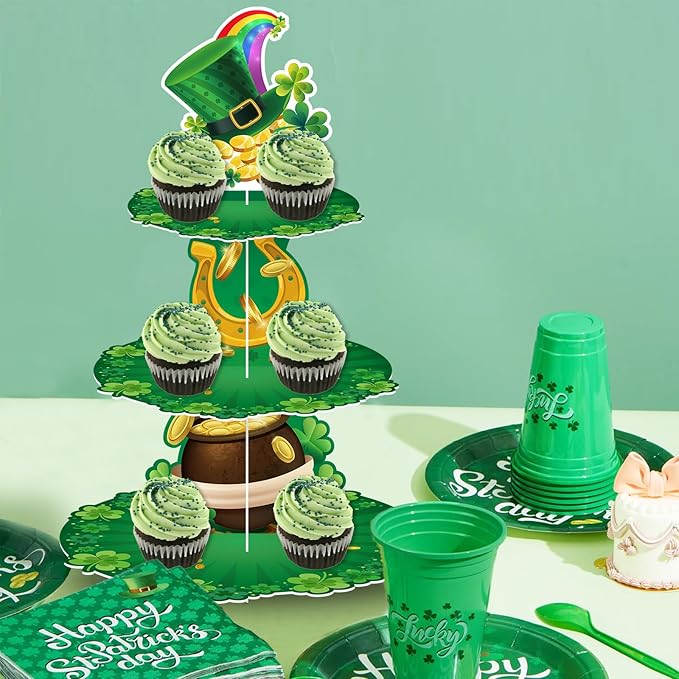 3 Tier St. Patrick's Day Cupcake Stand Shamrock Cardboard Display Stand Green Irish Cupcake Holder for St. Patrick's Day Party Decorations