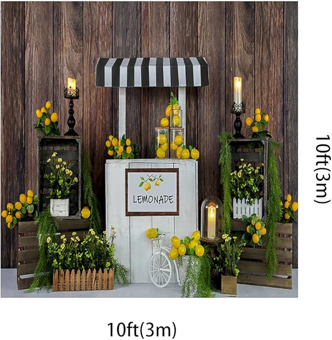 Kate Lemon Shop Backdrop Photography 10x10ft Summer Kids Birthday Lemonade Party Decoration Photo Backgrounds Brown Wood Wall Seamless Soft Fabric Backdrop Shooting