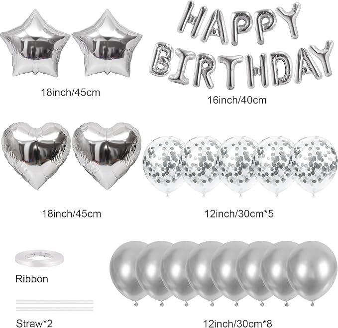 CANREVEL Happy Birthday Balloons Banner 16 Inch Mylar Foil Letters with Star & Heart Balloons Birthday Party Decorations for Men and Women - 30 Pcs Silver