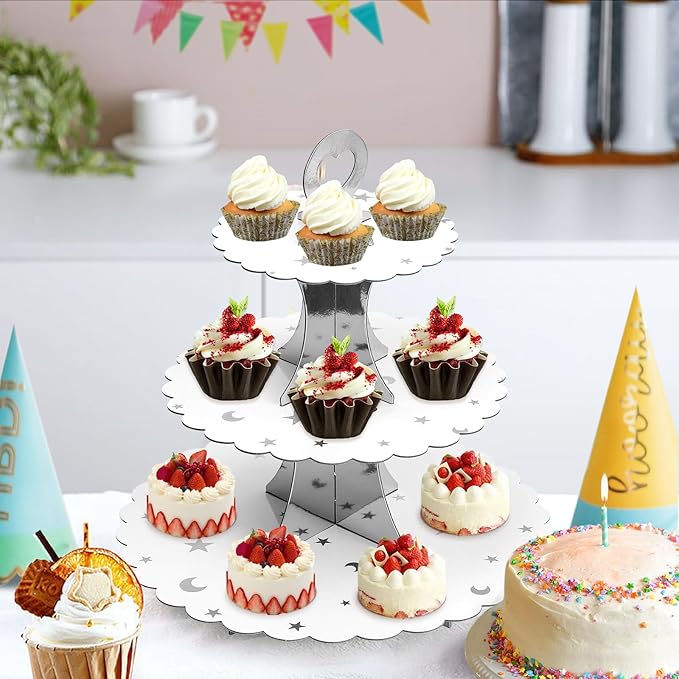 Soleebee 3-Tier Cupcake Stand, Cardboard Cupcake Tower, Dessert Cup Cake Stand Tower for Birthday Wedding Party Decoration, Cupcake Tier Stand 2 Set (Silver Moon and Star)
