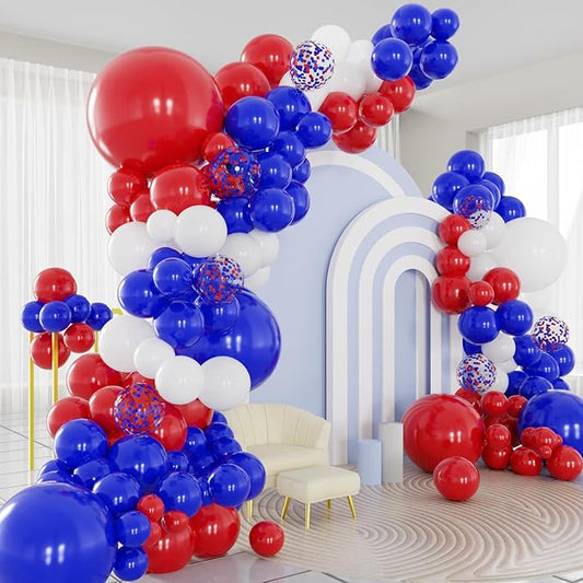 Red White and Blue Balloons Arch Kit, 124pcs Red White Blue Confetti Balloons with 16ft Tape Strip & Dot Glue for Birthday 4th of July Graduation Party Decorations