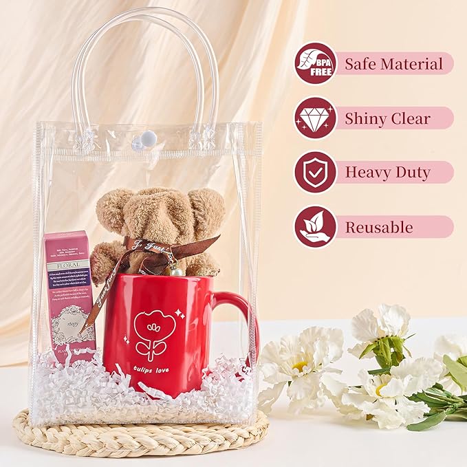 Jutieuo 24 PCS Clear Gift Bags with Handles, 6.7 x 9.1 x 2.8 Inches Reusable Plastic Goodie Bag Transparent Party Favor Bags Bulk for Weddings Birthdays Events, Classrooms & Celebrations