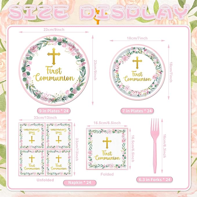 96 Pieces First Communion Floral Tableware Set – Pink Floral Cross Disposable Plates, Napkins for First Communion Party, Christening, Baptism, and Religious Celebrations – Serves 24 Guests