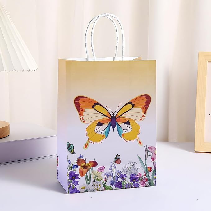 JALEBRO 24PCS BUTTERFLY Party Favors Gift Bags Bulk with Handle, Paper Snack Treat Goodie Bag for BUTTERFLY Theme Goody Bags Birthday Party Decorations Supplies 8"x5.9"x3.1"