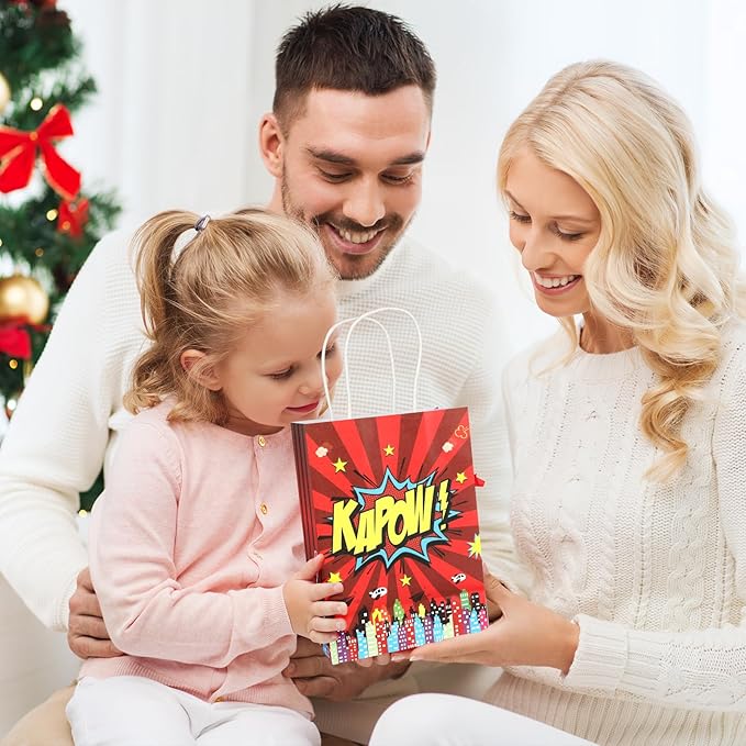20Pcs Superhero Party Favors Bags with Handles, Comic Hero Kraft Paper Bags for Kids, Goodie Bags Candy Treat Gift Bags for Boom Hero Theme Birthday Baby Shower Party Supplies