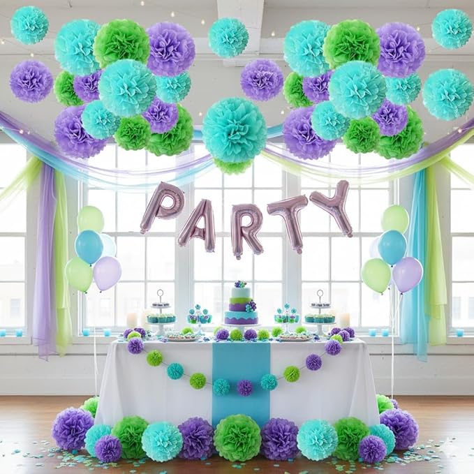 Green Blue and Purple Paper Pom Poms (12 Pack) - Hanging Tissue Flowers for Birthday Party Ceiling Decorations