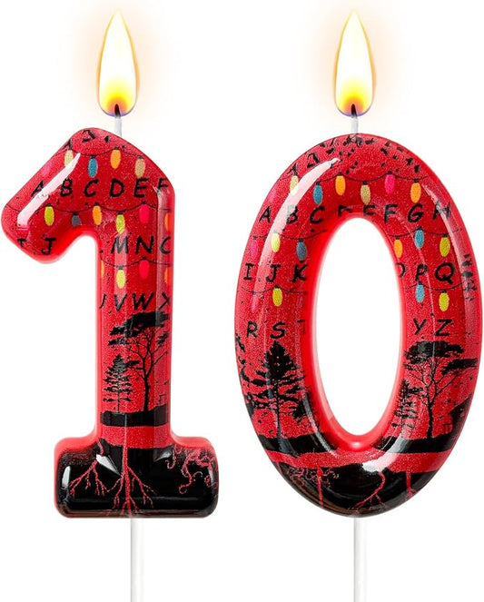 Red Number 10 Birthday Candle for Cake – Dark Horror Style with Alphabet Print & Shadow Design – Unique Cake Topper for Birthday, Anniversary, Themed Party Decoration