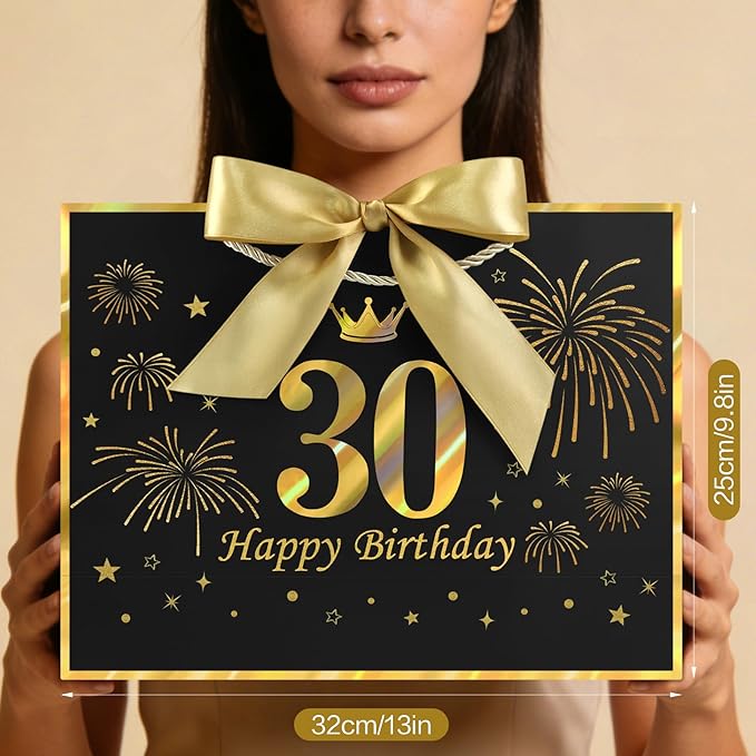 JMANNI Black Gold 30th Birthday Gift Bag with Card and Tissue Paper, 12.6"×9.84"×3.9" Elegant Present Bag for Adults, 30 Year Old Birthday Keepsake Party Supplies