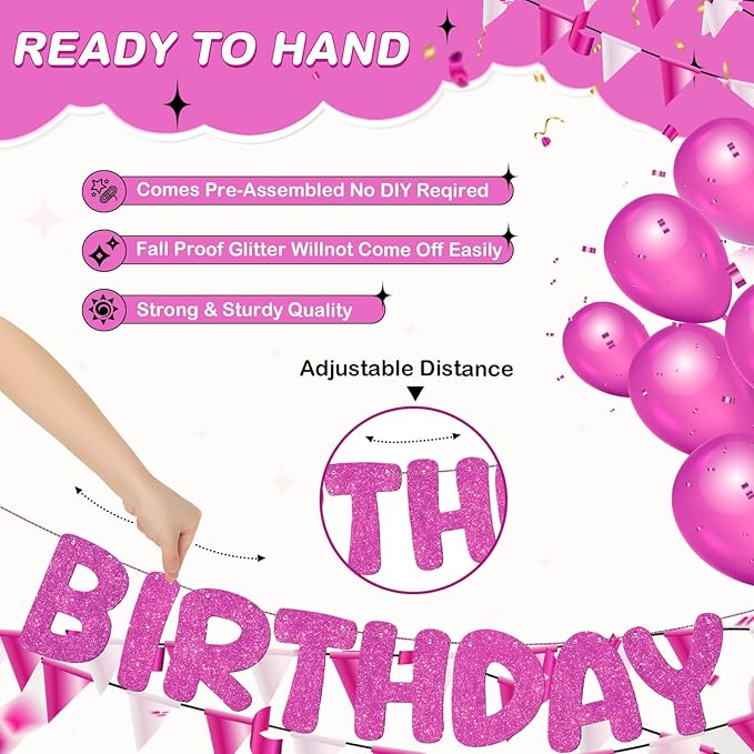 Fulmoon Glitter Pre Strung Happy Birthday Banner No DIY Party Decorations Happy Birthday Sign Decor for Men Women Boy Girls Backdrop(Hot Pink)