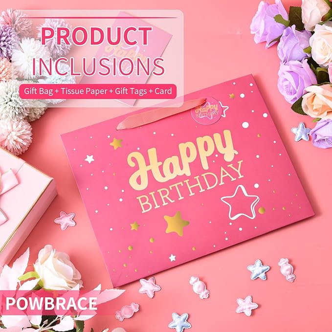 Powbrace 13" Pink Happy Birthday Gift Bag with Tissue Paper and Greeting Card for Party,Happy Birthday Gift Bag for Women Bestie, Gift Bags Medium size(1 PCS Pink, Attach Bestie Cards)