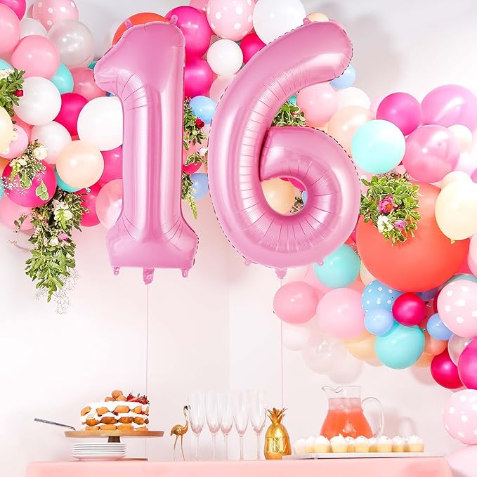 Pink Number 16 Balloon, 40 Inch Big Large Foil Helium Number Balloons, Giant Mylar Number 16 Balloons for 16 Years Old Birthday Party Decorations Supplies Anniversary