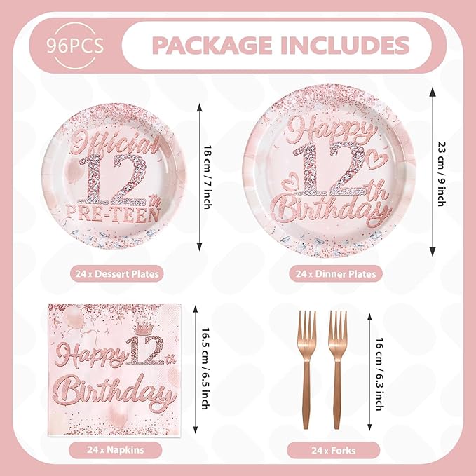 Grencian 12th Birthday Decorations Rose Gold 12th Birthday Plates and Napkins Disposable Rose Gold Official 12 Pre-Teen Paper Tableware Set for Girls 12 Year Old Graduation Party Supplies, Serves 24