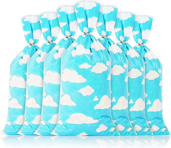 Lecferrarc 100 Pcs Blue Sky White Clouds Treat Bags White Clouds Print Cellophane Candy Bags Cartoon Story Party Favors with Twist Ties for Birthday Party Baby Shower Supplies