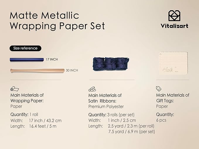 Vitalizart Blue Matte Metallic Wrapping Paper Set 17" With Silk Satin Ribbon & Gift Tags Christmas Gift Wrapping Birthday Baby Shower Wedding Bouquets Handmade Crafts 197"(16.4 Ft) Blue Ribbon