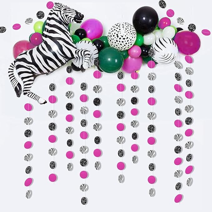 Cheerland Zebra Party Decoration Zebra Print Circle Garland Hot Pink Black Birthday Decor for Bridal Weddings Baby Shower Engagements Summer Animal Print Jungle Party Supplies 4pcs