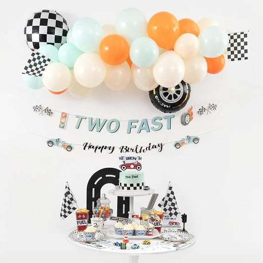 Race Car Birthday Party Balloons Arch Kit, Race Car Party Decorations Orange White black and blue Checkered Flag Wheels Foil Balloon for Boys Grils Racing car Theme Two Fast Party Supplies