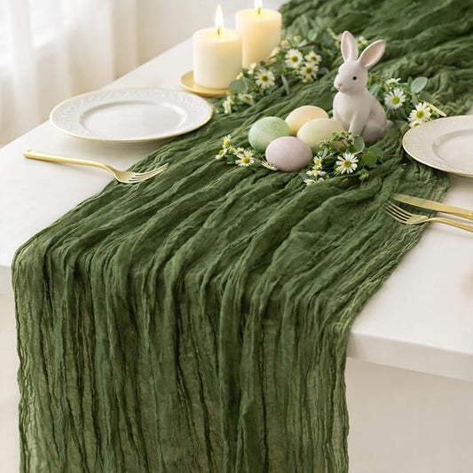 Sioloc Moss Green Cheesecloth Table Runner 120'' x 35'',Spring Easter Decor Soft Gauze Boho Wedding Table Decor for 10ft Table Birthday Party,Baby Shower, Bridal Shower, Home & Event Decor