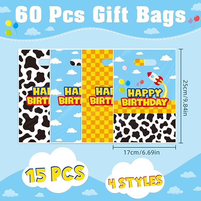 Bsenhe 60PCS Cartoon Goodie Bags, Cartoon Birthday Party Favor Gift Bags Blue Sky White Cloud Cow Plastic Candy Bags for Themed Party with Handle