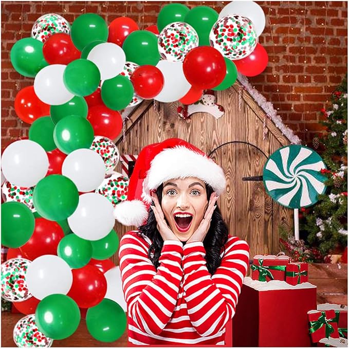 Red Green White Balloon Arch Strip Kit - 104pcs 16ft Balloon Garland for Christmas, New Year, Birthday, Wedding, Carnival Party Backdrop, DIY Kit for Kids & Families