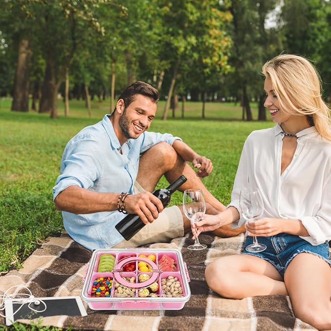 Divided Serving Tray with Lid and Handle, 8 Compartments Snack Box, Portable Platter for Candy Fruits Nuts, Snack Party Entertaining Picnic