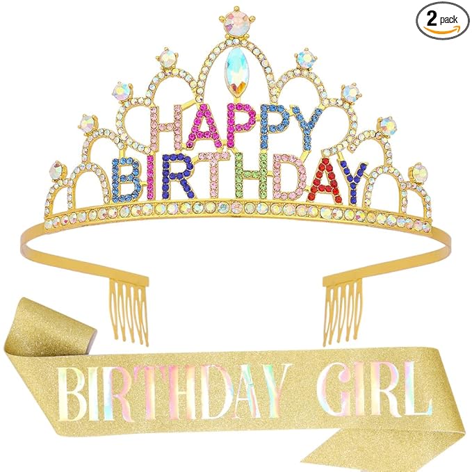 Gold Birthday Crown and Sash for Women Girls Gold Tiaras for Women Birthday Crowns for Girls Princess Crown Rhinestone Happy Birthday Hair Accessories