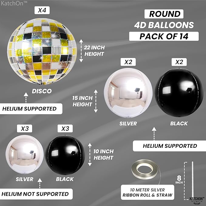 KatchOn, Disco Ball Balloons - Big 22 Inch, Pack of 14 | For Black and Gold Party Decorations | 4D Sphere Mettalic Disco Balloons | Birthday Ball Party Decoration