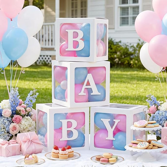 RUBFAC Baby Boxes with 41 Letters and 36 Balloons, 4pcs Clear Balloon Boxes for Baby Shower Gender Reveal Girl Boy Blocks Birthday Party Decorations