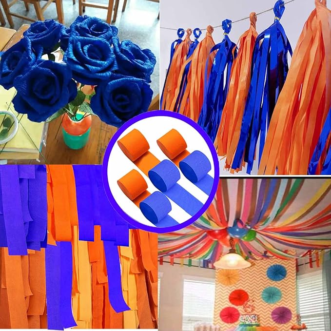 Orange Royal Blue Crepe Paper 6 Pcs Streamers for Party Decorations, Birthday Wedding DIY Crafts, Gift Wrapping Supplies
