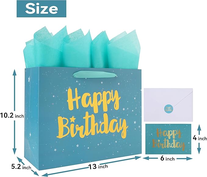 Qirrmiy 13” Large Green Happy Birthday Gift Bag Set with Handles, Greeting Card, Tissue Papers and Stickers for Women Men Boys Girls Kids, Stars Design, 1 Pcs.