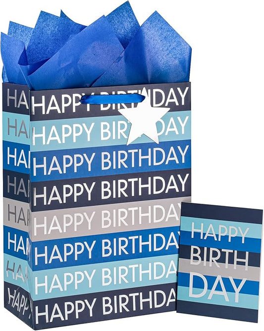 Loveinside Blue Birthday Gift Bag with Tissue Paper, Gift Card for Birthday, Baby Shower, Party, and More - 12" x 16" x 5.7", 1 Pcs