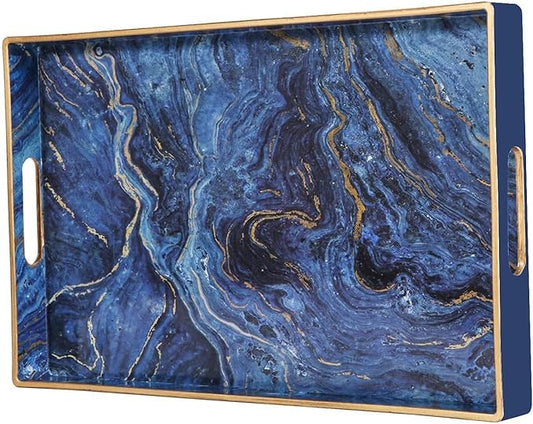Decorative Tray, Marbling Plastic Tray with Handles, Rectangular Vanity Tray and Serving Tray for Bathroom, Kitchen, Ottoman and Coffee Table, 15.6” x 10.2” (Blue)