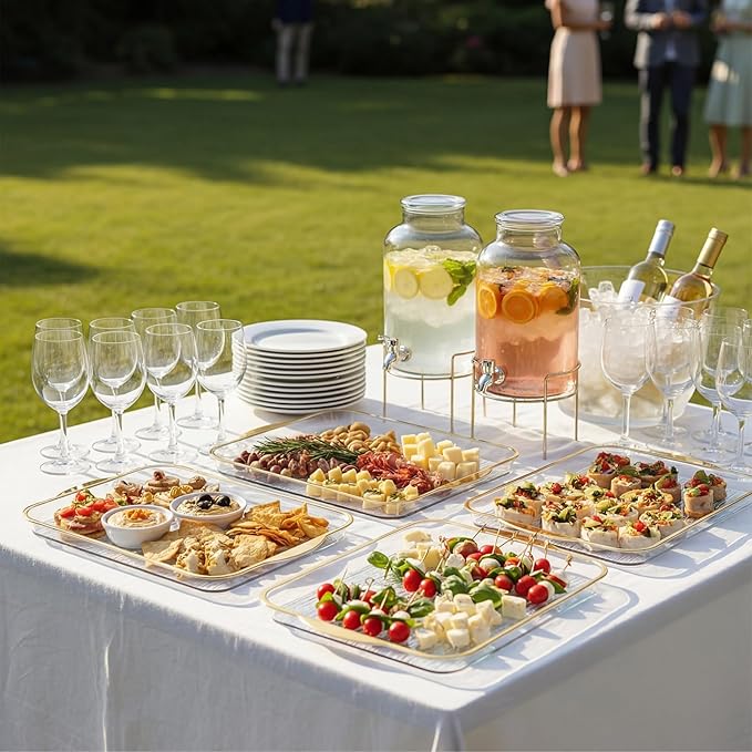 6 Pack Clear Serving Platters with Handles 14.8 x 9.4 Inch Large Party Plastic Serving Trays with Gold Rim Reusable for Food, Cookie, Cake, Turkey, Cheese, Fruit, Appetizer