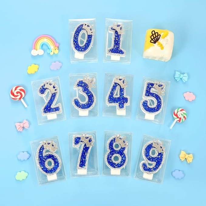 Blue Birthday Candle Crown Number 2 Candle with Sequins Cake Candles Cupcake Decorations Party Decor for Anniversary Celebrations Supplies