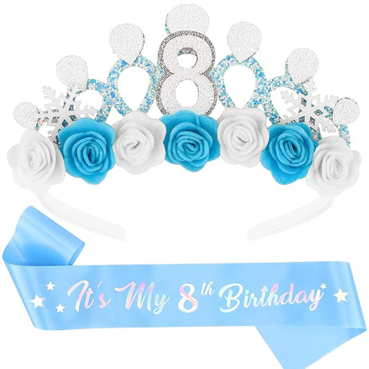 CUBACO 8th Birthday Crown Headband and Sash, 8 Year Old Girl Birthday Gifts for Blue Princess Crown, Frozen Party Decorations Favors for Girls Outfit