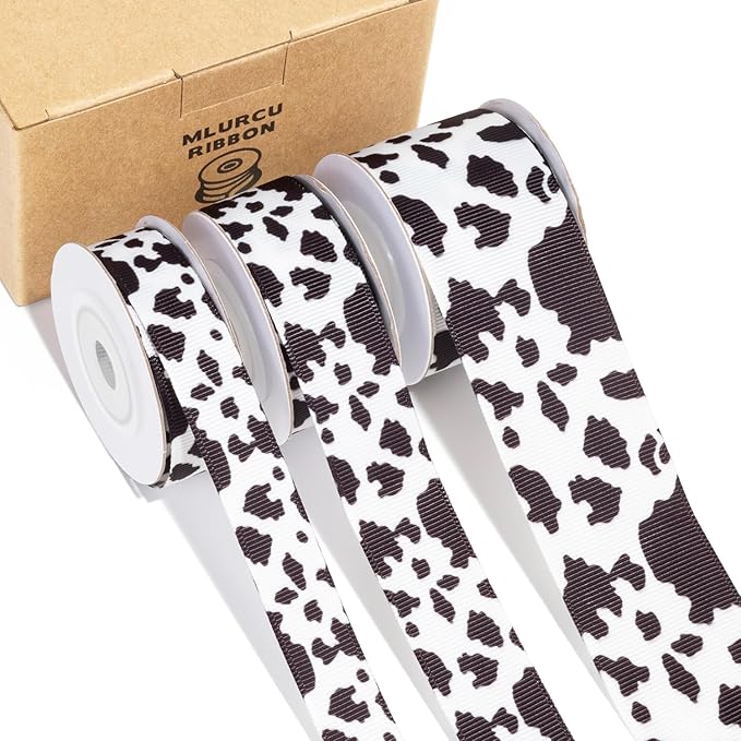 Cow Print Ribbon Set 3 Rolls Animal Print Grosgrain Ribbons 5/8", 7/8", 1.5", Western Farmhouse Barn Party Ribbon for Crafts, Gift Wrapping, Flower Bouquets, Wreaths & Bows, Gift Bag Decoration