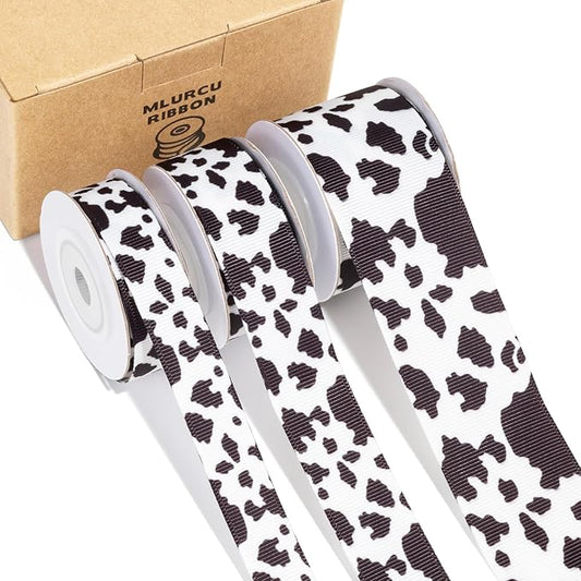 Cow Print Ribbon Set 3 Rolls Animal Print Grosgrain Ribbons 5/8", 7/8", 1.5", Western Farmhouse Barn Party Ribbon for Crafts, Gift Wrapping, Flower Bouquets, Wreaths & Bows, Gift Bag Decoration