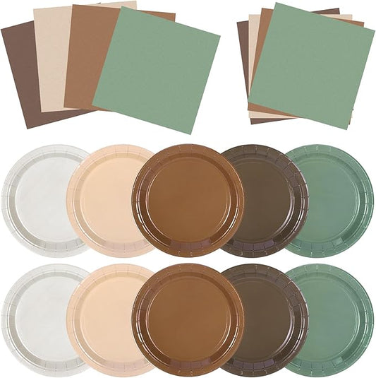 30PCS Woodland Baby Shower Decoration Sage Brown Green Neutral Forest Animal 9 Inch Disposable Paper Plates and Napkins for Safari Jungle Baby Shower Birthday Supply (Serve 15)