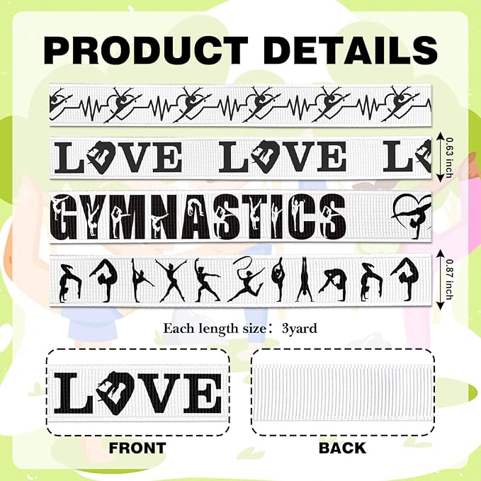 4 Pack Gymnastics Grosgrain Ribbons, 5/8" & 7/8" x 3 Yards Each, Black Sports Themed Ribbon for Dance Competition Awards Gift Wrapping Team Decor