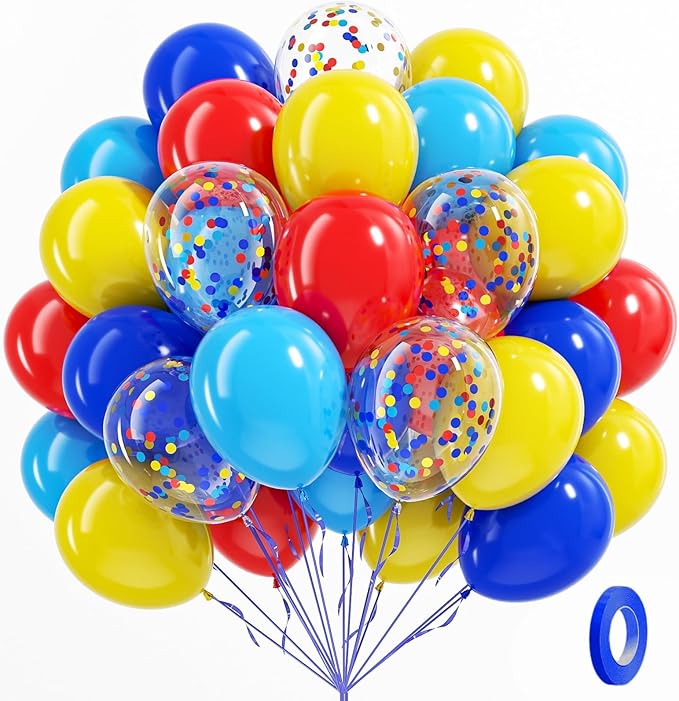 BAUANOOY Carnival Balloons, 60pcs 12 Inch Red Light Blue Royal Blue Yellow Latex Balloons for Carnival Theme Birthday Party Decorations