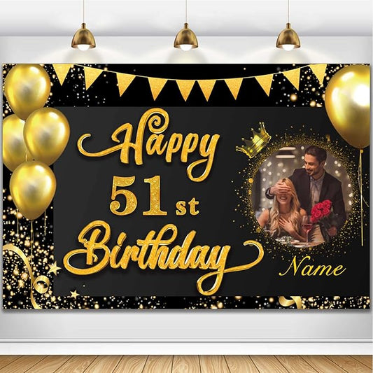 Happy 51st Birthday Decorations Banner - Personalized Black Gold Polyester Fabric for Women Men - 30 ft Rope Included