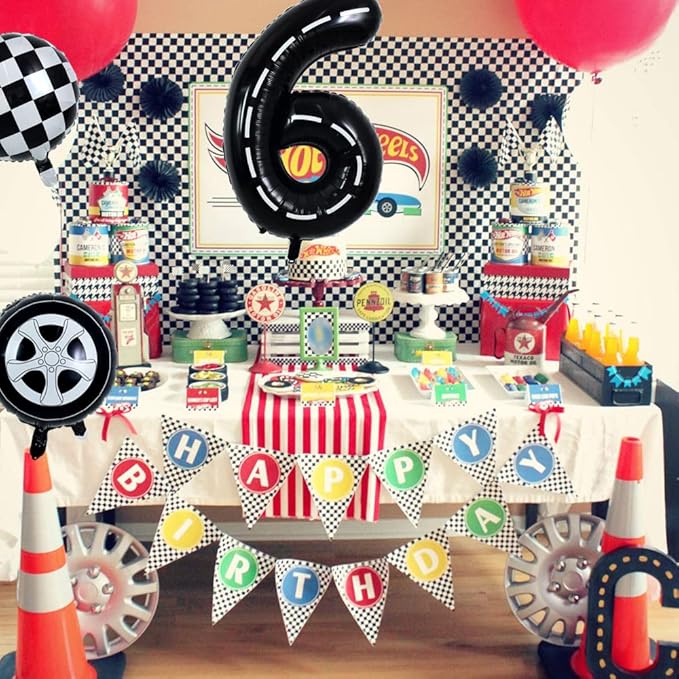 TONIFUL Race Car Black Balloons Car Birthday Party Supplies,40 Inch Giant Jumbo Helium Foil Mylar Big Number 6 Digital 6 Balloons for Boy's Birthday Party Truck Race Car Theme Party Decorations