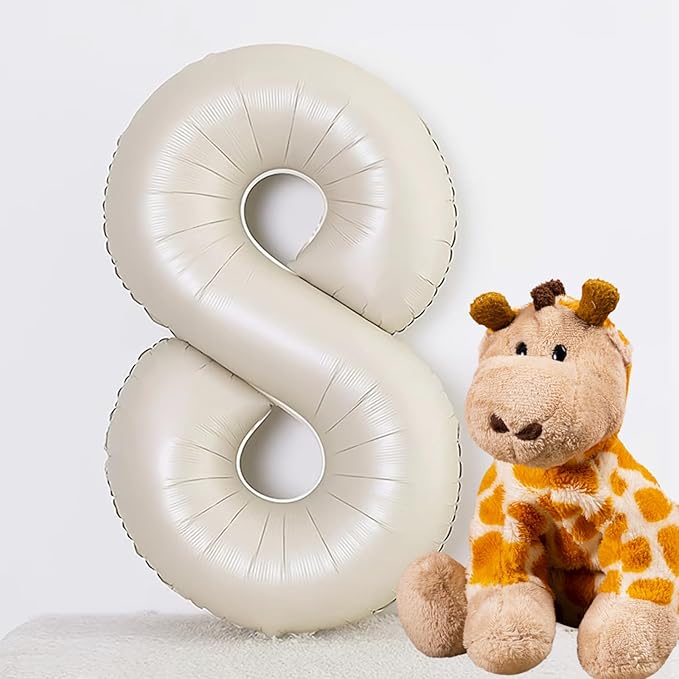40 Inch Beige Number 8 Balloons for 8th Birthday Decorations Boys Girl, Giant Self-Sealing Cream Foil Number 0-10 White Sand Balloon for Women Men Party Anniversary Baby Shower Supplies