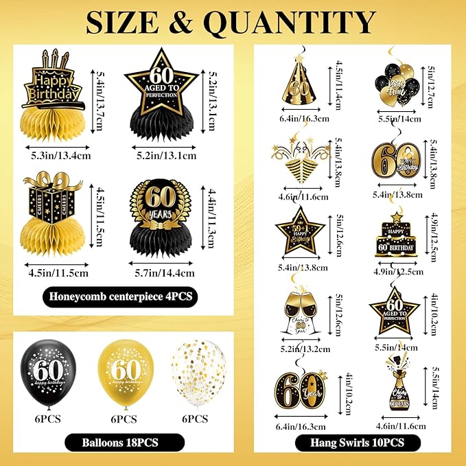 60th Birthday Decorations, Pre-Strung Happy Birthday Banner with Balloons, Backdrop, Honeycomb Centerpieces, Hanging Swirl Streamers, Black Gold Happy Birthday Party Decorations for Men Women