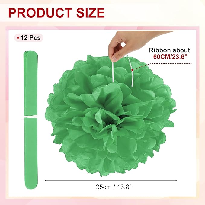 PATIKIL 14inch Tissue Paper Pom Poms, 12PCS Pom Poms Paper Flowers Ball Tissue Paper Flowers for Wedding Bridal Shower Birthday Bachelorette Party Backdrop Decoration, Green