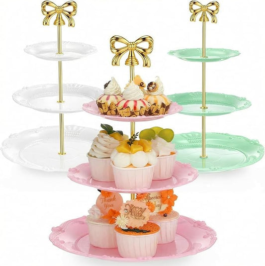 3 Sets Tea Party Decorations of 3 Tier Wedding Plastic Dessert Table Display Set Cupcake Stand Dessert Plates Cake Candy Display Tower Wedding Birthday Baby Shower Tea Party Decoration