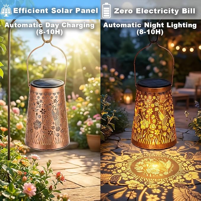 LeiDrail Hummingbird Solar Lanterns Outdoor 2 Pack, Hanging Waterproof Vintage Metal Lantern, Auto On/Off Garden Patio Yard Porch Pathway Decor, Warm White LED, Gifts for Women Mom Grandma